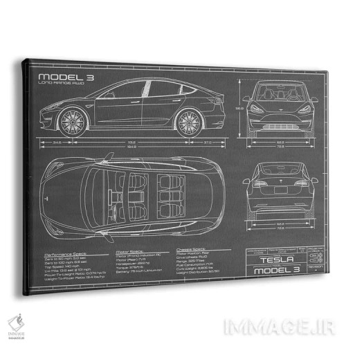 تابلو نقشهٔ تسلا مدل ۳ (Long Range RWD) اثر اکشن بلوپرینتس (نقشههای اکشن) - نمای پرسپکتیو محصول