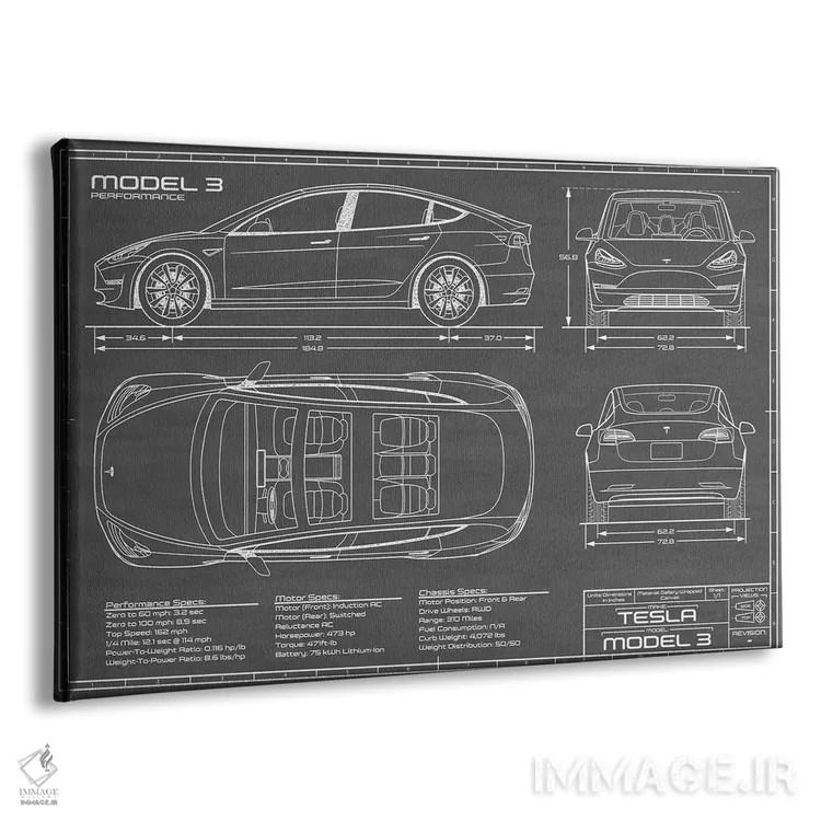 تابلو تسلا مدل ۳ (Performance) مشکی اثر اکشن بلوپرینتس (نقشههای اکشن) - نمای پرسپکتیو محصول