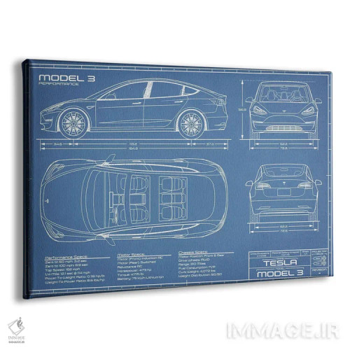 تابلو نقشهٔ تسلا مدل ۳ (Performance) اثر اکشن بلوپرینتس (نقشههای اکشن) - نمای پرسپکتیو محصول