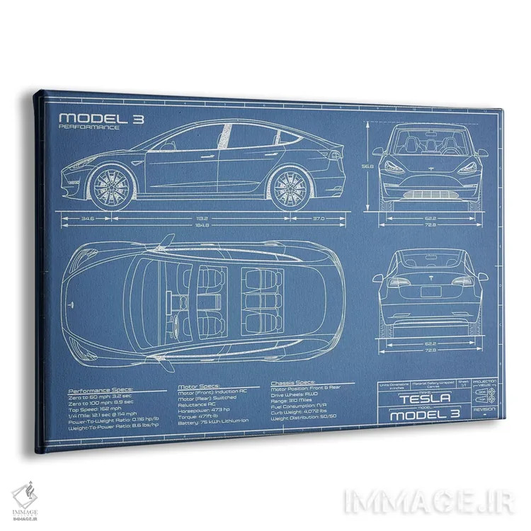 تابلو نقشهٔ تسلا مدل ۳ (Performance) اثر اکشن بلوپرینتس (نقشههای اکشن) - نمای پرسپکتیو محصول