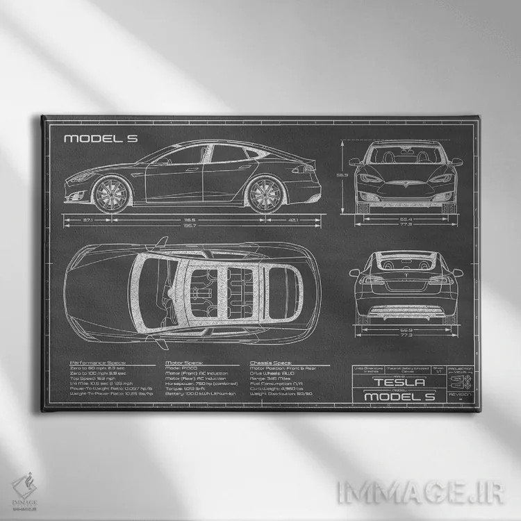 تابلو تسلا مدل S (۲۰۱۶-۲۰۲۰) مشکی اثر اکشن بلوپرینتس (نقشههای اکشن) - نمای روبهرو روی دیوار