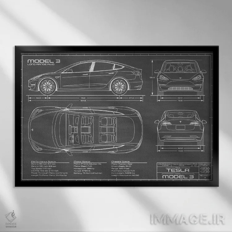 تابلو نقشهٔ تسلا مدل ۳ (Long Range RWD) اثر اکشن بلوپرینتس (نقشههای اکشن) - نمای قابدار مشکی