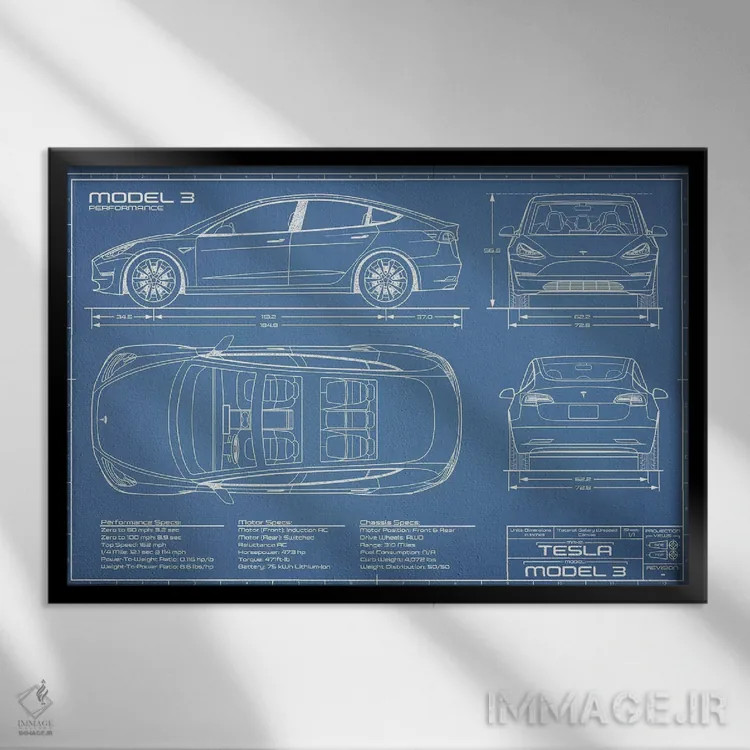 تابلو نقشهٔ تسلا مدل ۳ (Performance) اثر اکشن بلوپرینتس (نقشههای اکشن) - نمای قابدار مشکی