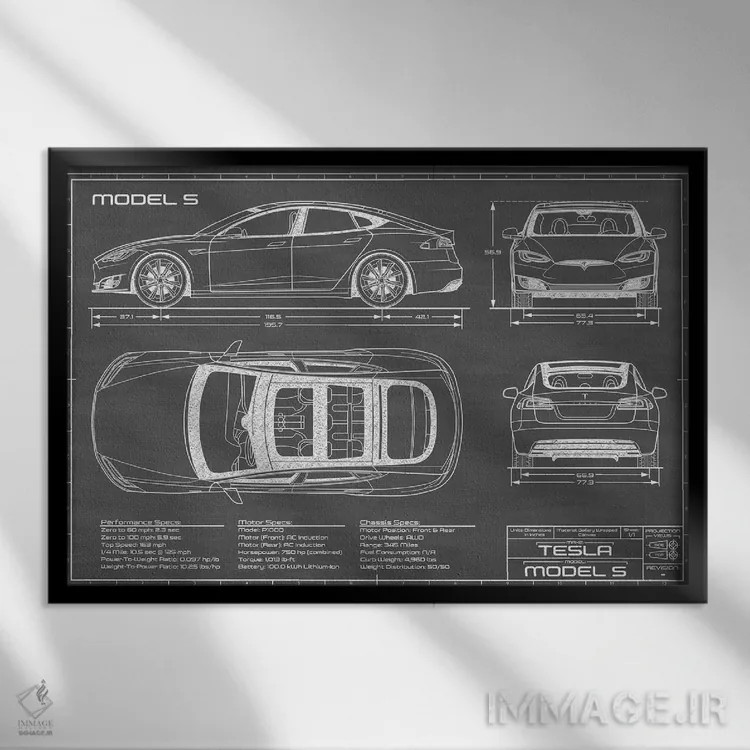تابلو تسلا مدل S (۲۰۱۶-۲۰۲۰) مشکی اثر اکشن بلوپرینتس (نقشههای اکشن) - نمای قابدار مشکی