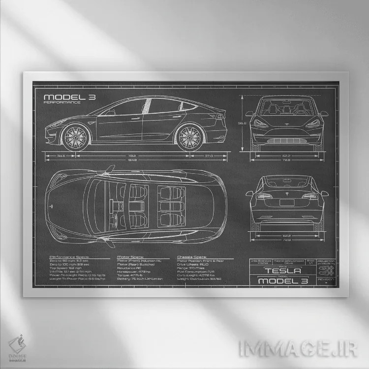 تابلو تسلا مدل ۳ (Performance) مشکی اثر اکشن بلوپرینتس (نقشههای اکشن) - نمای قابدار سفید