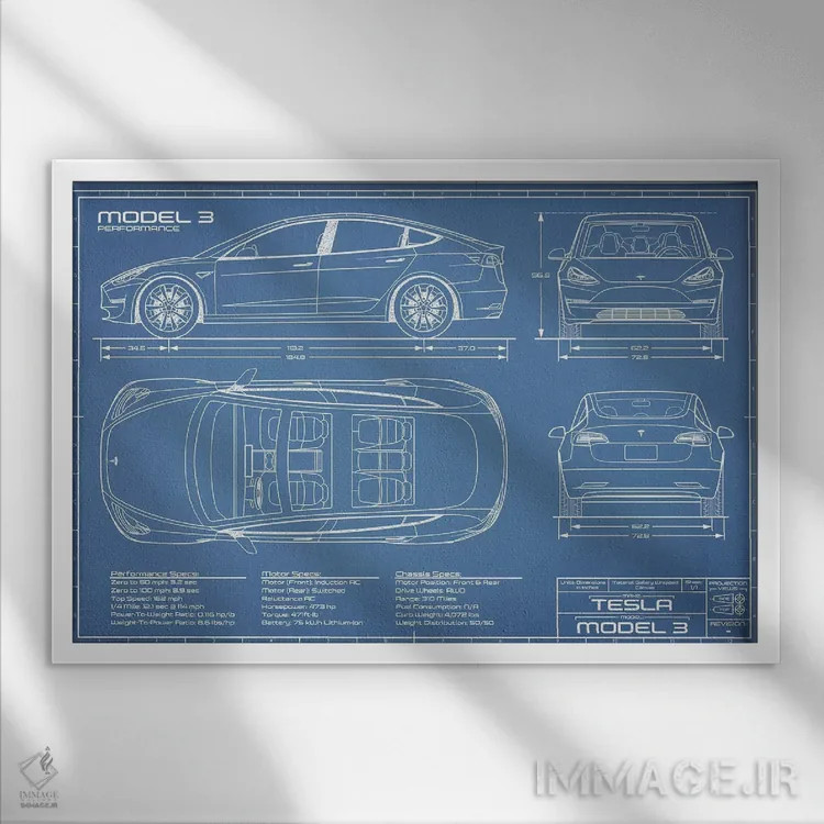 تابلو نقشهٔ تسلا مدل ۳ (Performance) اثر اکشن بلوپرینتس (نقشههای اکشن) - نمای قابدار سفید
