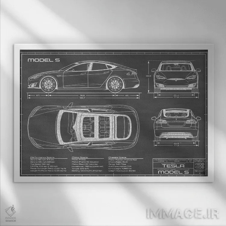 تابلو تسلا مدل S (۲۰۱۶-۲۰۲۰) مشکی اثر اکشن بلوپرینتس (نقشههای اکشن) - نمای قابدار سفید