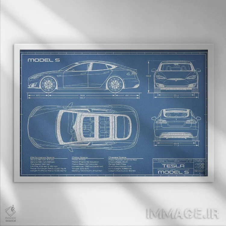 تابلو نقشهٔ تسلا مدل S (۲۰۱۶-۲۰۲۰) اثر اکشن بلوپرینتس (نقشههای اکشن) - نمای قابدار سفید