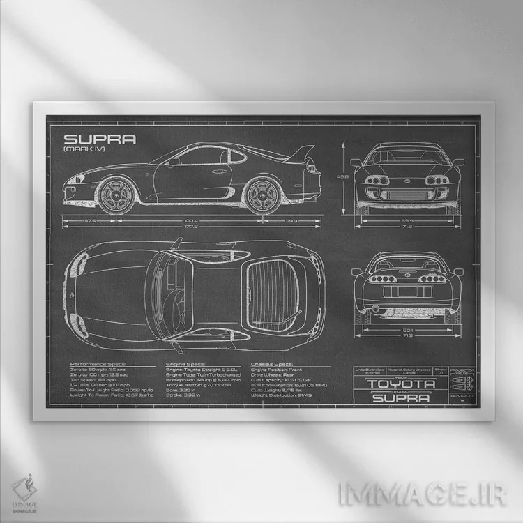 تابلو تویوتا سوپرا MKIV (مشکی) اثر اکشن بلوپرینتس (نقشههای اکشن) - نمای قابدار سفید