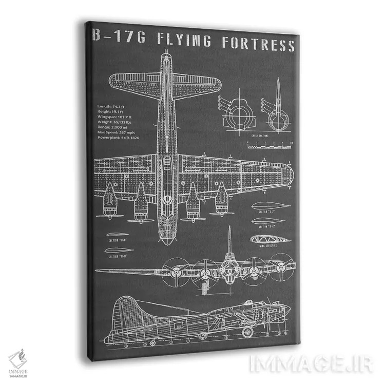 تابلو هواپیمای بمبافکن کلاسیک B-17 (مشکی) اثر اکشن بلوپرینتس (نقشههای اکشن) - نمای پرسپکتیو محصول
