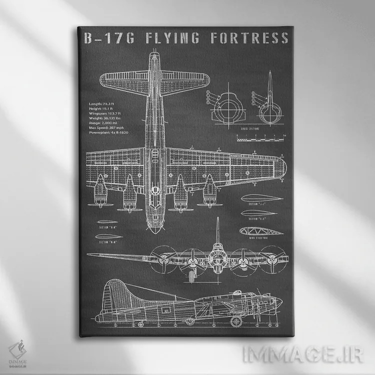 تابلو هواپیمای بمبافکن کلاسیک B-17 (مشکی) اثر اکشن بلوپرینتس (نقشههای اکشن) - نمای روبهرو روی دیوار