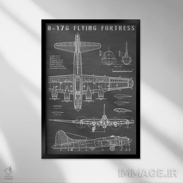 تابلو هواپیمای بمبافکن کلاسیک B-17 (مشکی) اثر اکشن بلوپرینتس (نقشههای اکشن) - نمای قابدار مشکی