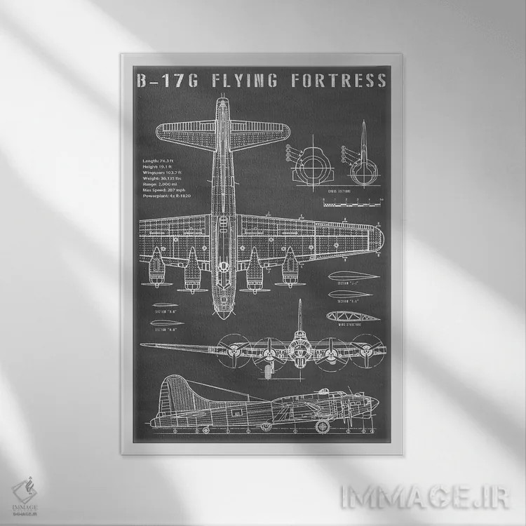 تابلو هواپیمای بمبافکن کلاسیک B-17 (مشکی) اثر اکشن بلوپرینتس (نقشههای اکشن) - نمای قابدار سفید