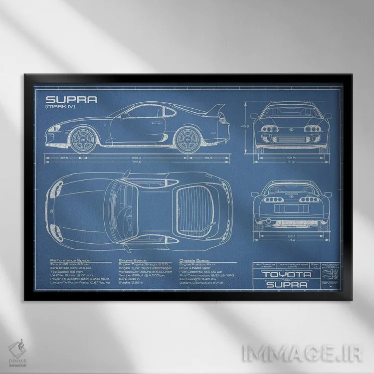 تابلو نقشهٔ تویوتا سوپرا MKIV اثر اکشن بلوپرینتس (نقشههای اکشن) - نمای قابدار مشکی