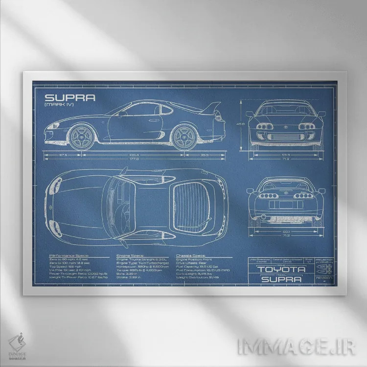 تابلو نقشهٔ تویوتا سوپرا MKIV اثر اکشن بلوپرینتس (نقشههای اکشن) - نمای قابدار سفید