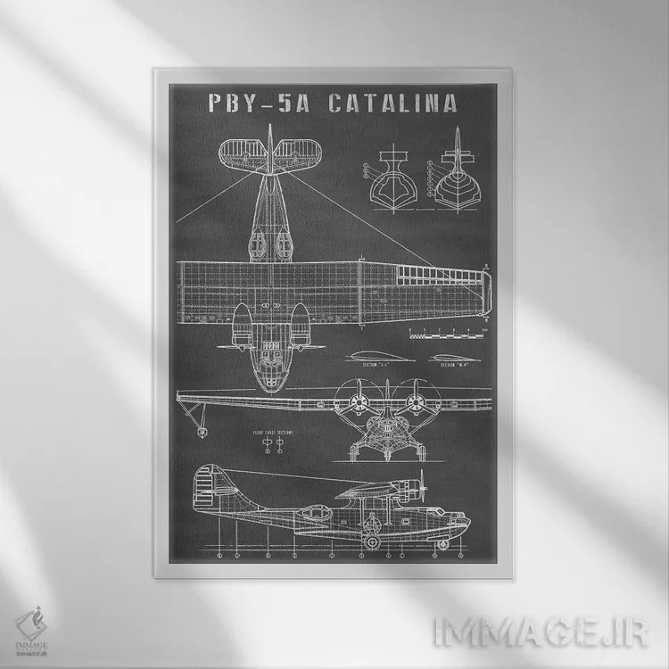 تابلو هواپیمای آبنشین کلاسیک (مشکی) اثر اکشن بلوپرینتس (نقشههای اکشن) - نمای قابدار سفید