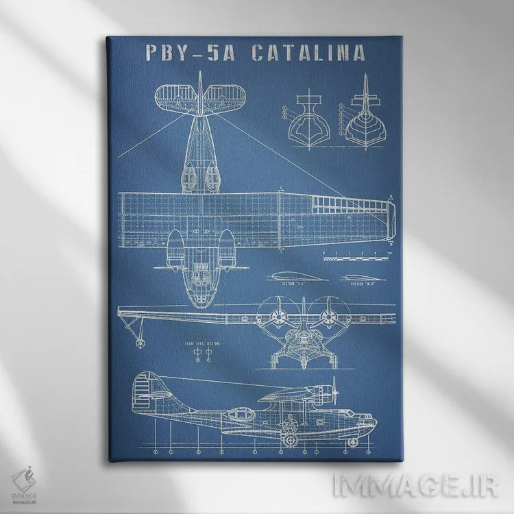 تابلو نقشهٔ هواپیمای آبنشین کلاسیک اثر اکشن بلوپرینتس (نقشههای اکشن) - نمای روبهرو روی دیوار