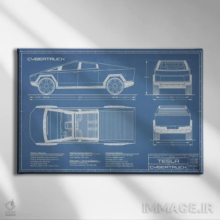 تابلو نقشهٔ تسلا سایبرتراک (۲۰۲۰-۲۰۲۲) اثر اکشن بلوپرینتس (نقشههای اکشن) - نمای روبهرو روی دیوار