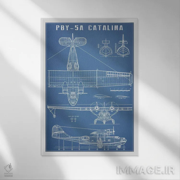 تابلو نقشهٔ هواپیمای آبنشین کلاسیک اثر اکشن بلوپرینتس (نقشههای اکشن) - نمای قابدار سفید