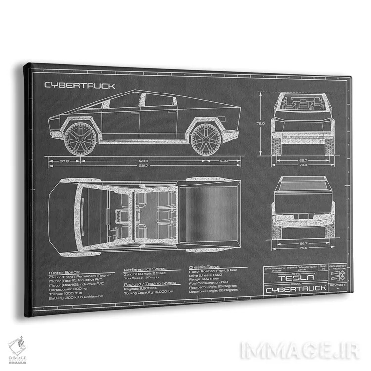 تابلو تسلا سایبرتراک (۲۰۲۰-۲۰۲۲) مشکی اثر اکشن بلوپرینتس (نقشههای اکشن) - نمای پرسپکتیو محصول