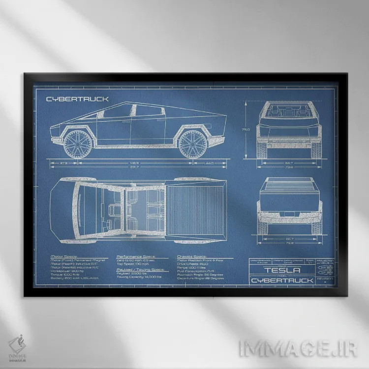 تابلو نقشهٔ تسلا سایبرتراک (۲۰۲۰-۲۰۲۲) اثر اکشن بلوپرینتس (نقشههای اکشن) - نمای قابدار مشکی