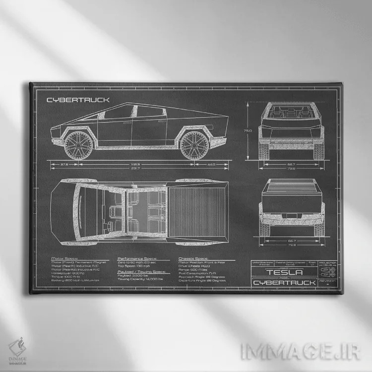 تابلو تسلا سایبرتراک (۲۰۲۰-۲۰۲۲) مشکی اثر اکشن بلوپرینتس (نقشههای اکشن) - نمای روبهرو روی دیوار