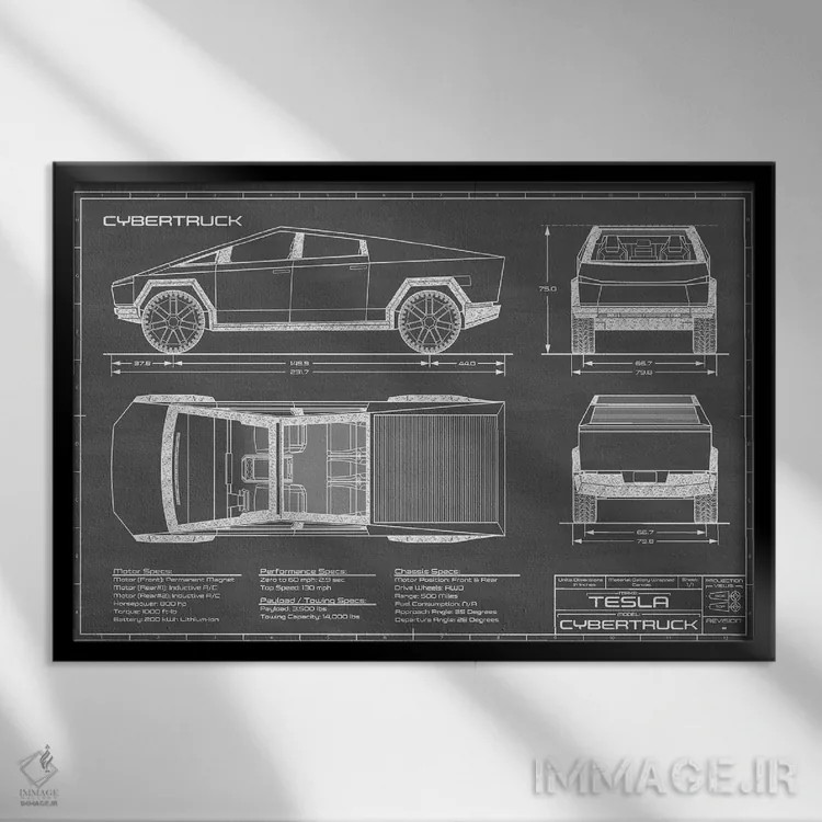 تابلو تسلا سایبرتراک (۲۰۲۰-۲۰۲۲) مشکی اثر اکشن بلوپرینتس (نقشههای اکشن) - نمای قابدار مشکی