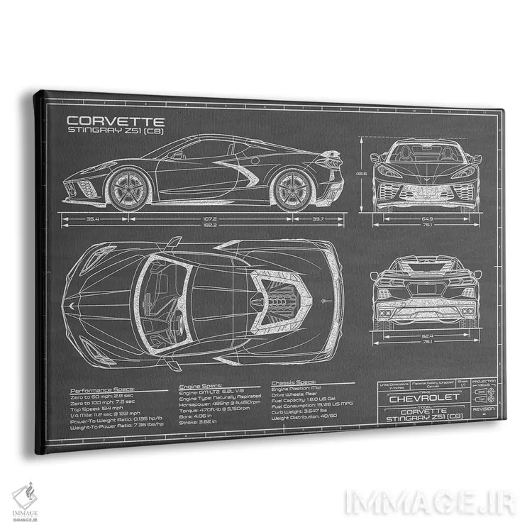 تابلو کوروت استینگری (C8) مشکی اثر اکشن بلوپرینتس (نقشههای اکشن) - نمای پرسپکتیو محصول