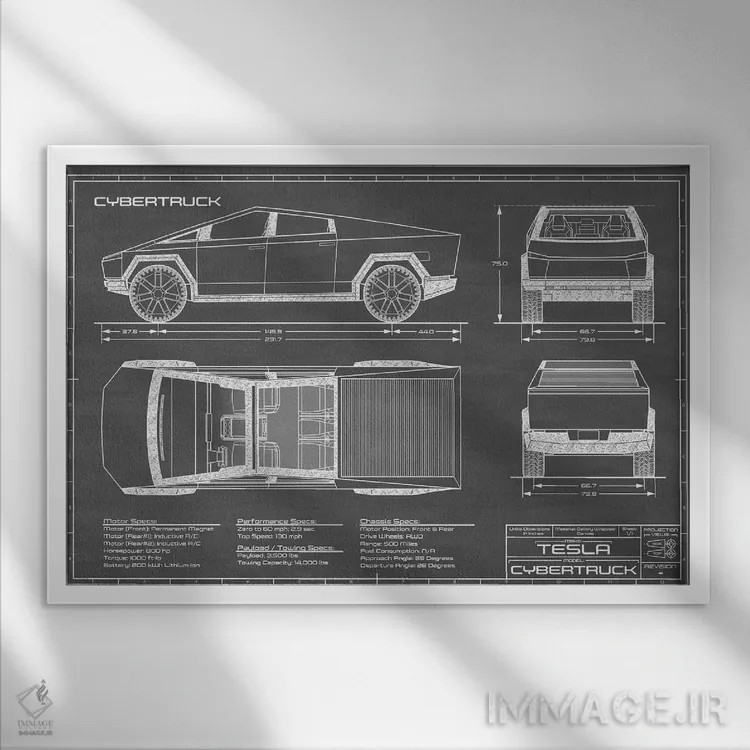 تابلو تسلا سایبرتراک (۲۰۲۰-۲۰۲۲) مشکی اثر اکشن بلوپرینتس (نقشههای اکشن) - نمای قابدار سفید
