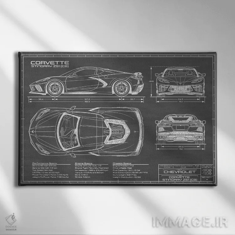 تابلو کوروت استینگری (C8) مشکی اثر اکشن بلوپرینتس (نقشههای اکشن) - نمای روبهرو روی دیوار