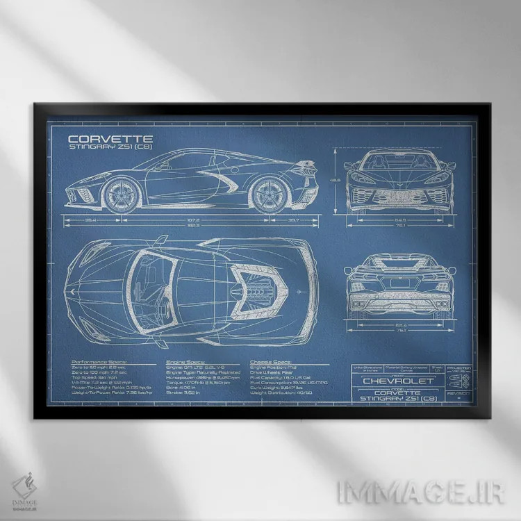 تابلو نقشهٔ کوروت استینگری (C8) اثر اکشن بلوپرینتس (نقشههای اکشن) - نمای قابدار مشکی