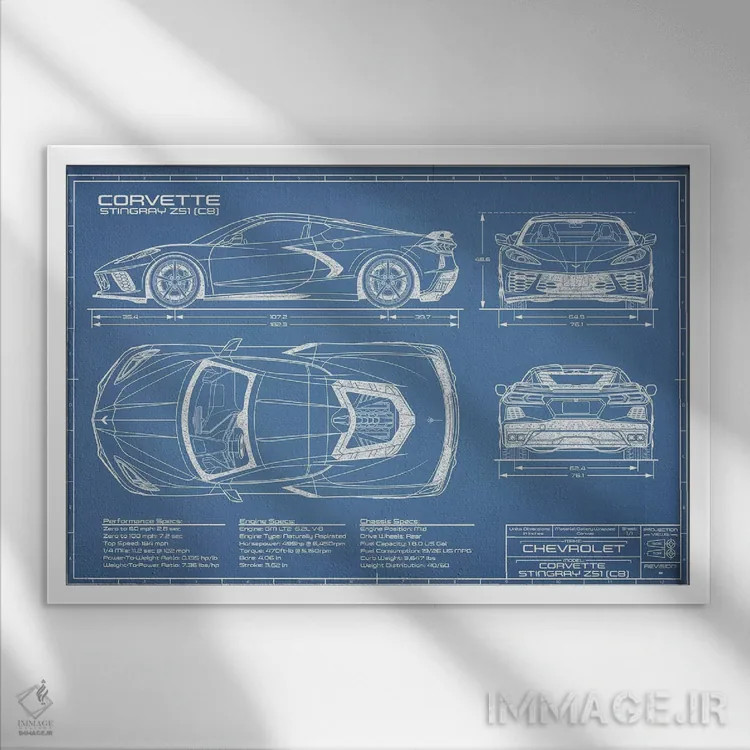 تابلو نقشهٔ کوروت استینگری (C8) اثر اکشن بلوپرینتس (نقشههای اکشن) - نمای قابدار سفید
