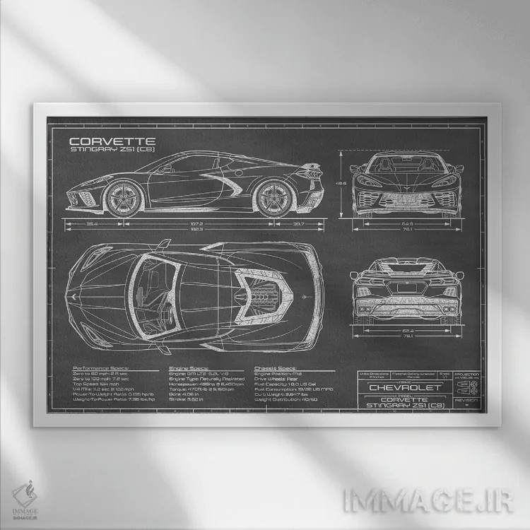 تابلو کوروت استینگری (C8) مشکی اثر اکشن بلوپرینتس (نقشههای اکشن) - نمای قابدار سفید