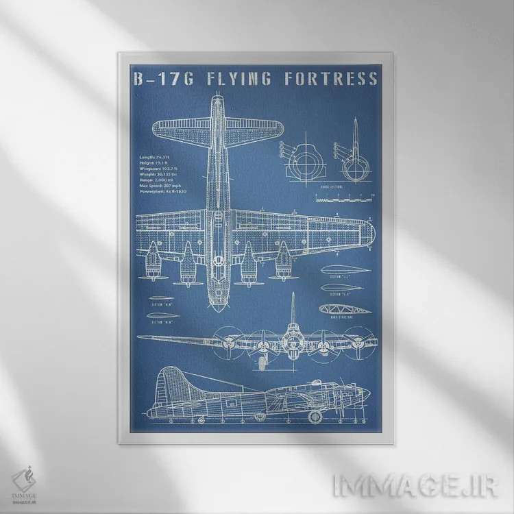 تابلو نقشهٔ هواپیمای بمبافکن کلاسیک B-17 اثر اکشن بلوپرینتس (نقشههای اکشن) - نمای قابدار سفید