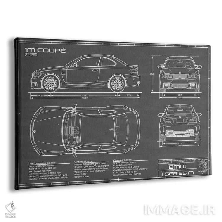 تابلو بیامو 1M کوپه (F82) مشکی اثر اکشن بلوپرینتس (نقشههای اکشن) - نمای پرسپکتیو محصول