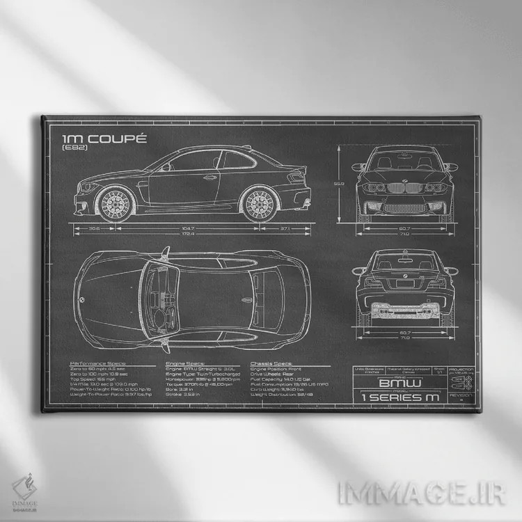 تابلو بیامو 1M کوپه (F82) مشکی اثر اکشن بلوپرینتس (نقشههای اکشن) - نمای روبهرو روی دیوار