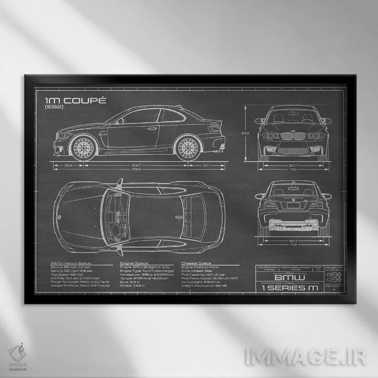 تابلو بیامو 1M کوپه (F82) مشکی اثر اکشن بلوپرینتس (نقشههای اکشن) - نمای قابدار مشکی