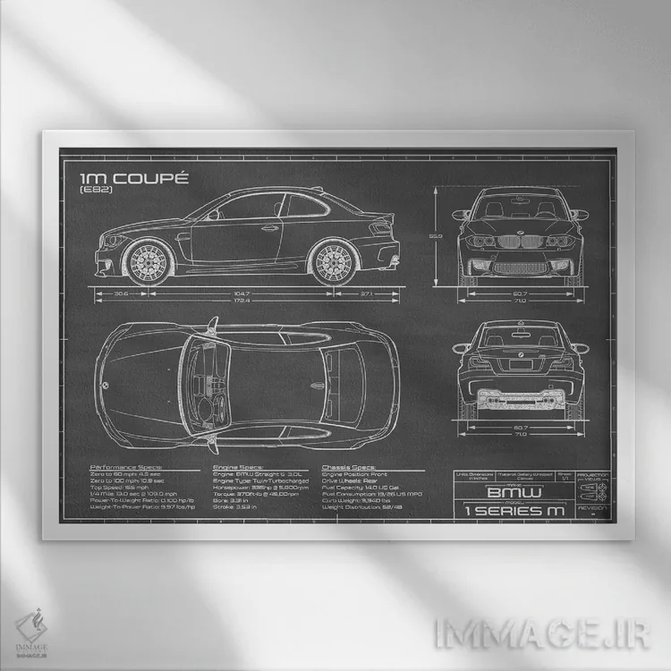 تابلو بیامو 1M کوپه (F82) مشکی اثر اکشن بلوپرینتس (نقشههای اکشن) - نمای قابدار سفید
