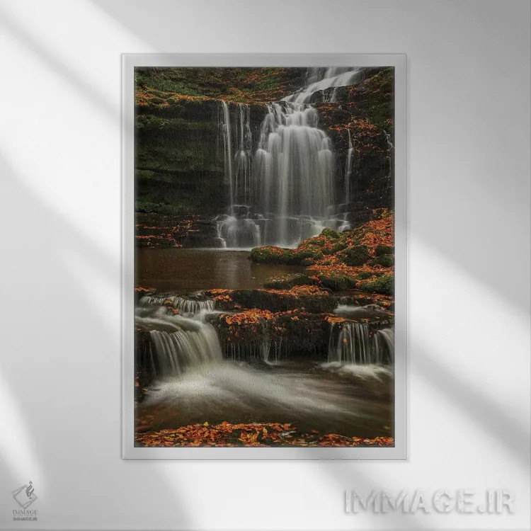 تابلو آبشار جنگلی اثر آدام برتون - نمای قابدار سفید