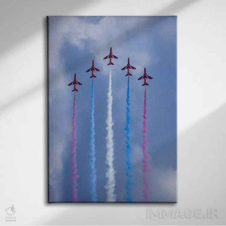 تابلو قرمز، سفید و آبی اثر آدام برتون - نمای روبهرو روی دیوار