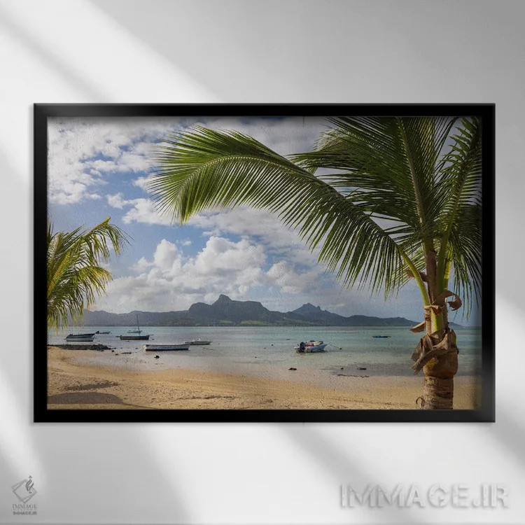 تابلو ساحل نخلستان اثر آدام برتون - نمای قابدار مشکی