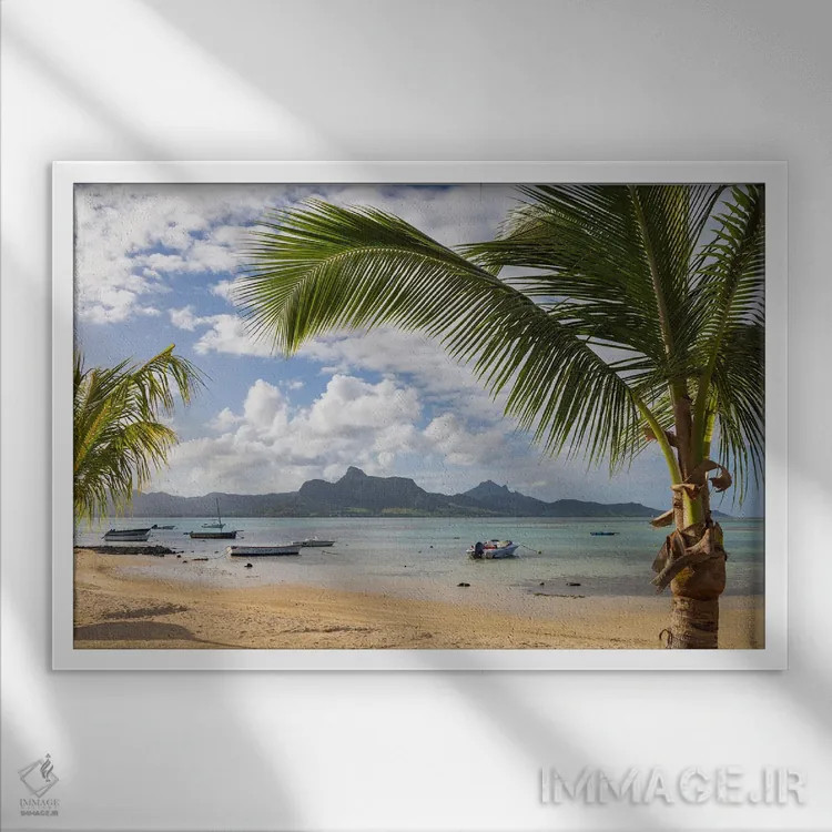 تابلو ساحل نخلستان اثر آدام برتون - نمای قابدار سفید