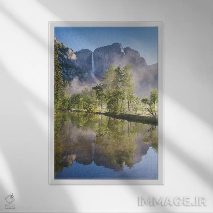 تابلو آبشارهای یوسمیتی اثر آدام برتون - نمای قابدار سفید