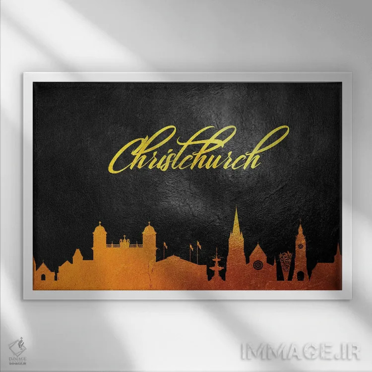 تابلو خط افق طلایی کرایستچرچ، نیوزیلند اثر آدریان بالدُوینو - نمای قابدار سفید