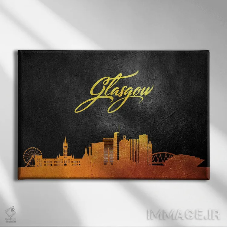 تابلو خط افق طلایی گلاسگو اسکاتلند اثر آدریان بالدُوینو - نمای روبهرو روی دیوار