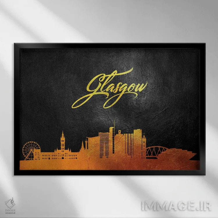 تابلو خط افق طلایی گلاسگو اسکاتلند اثر آدریان بالدُوینو - نمای قابدار مشکی