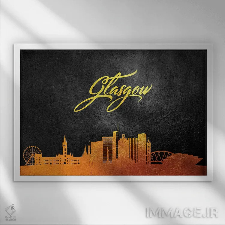 تابلو خط افق طلایی گلاسگو اسکاتلند اثر آدریان بالدُوینو - نمای قابدار سفید