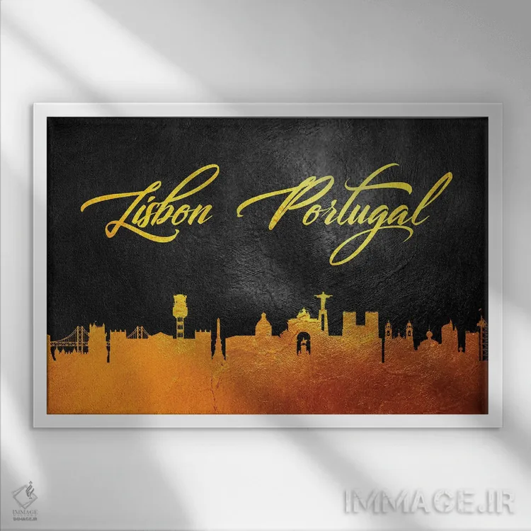 تابلو خط افق طلایی لیسبون، پرتغال اثر آدریان بالدُوینو - نمای قابدار سفید