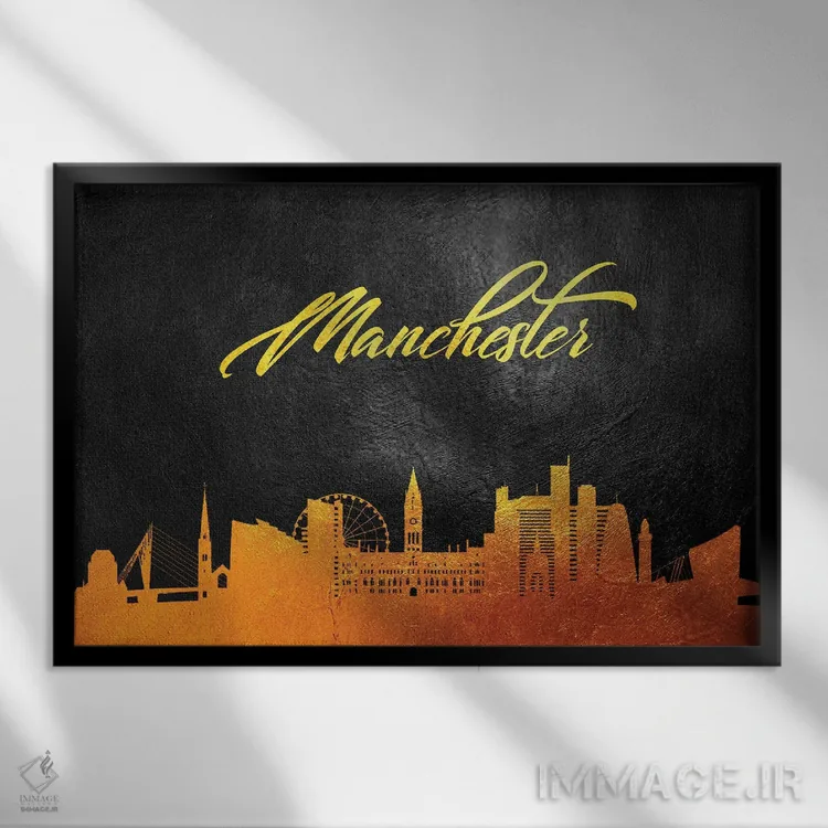 تابلو خط افق طلایی منچستر انگلستان اثر آدریان بالدُوینو - نمای قابدار مشکی