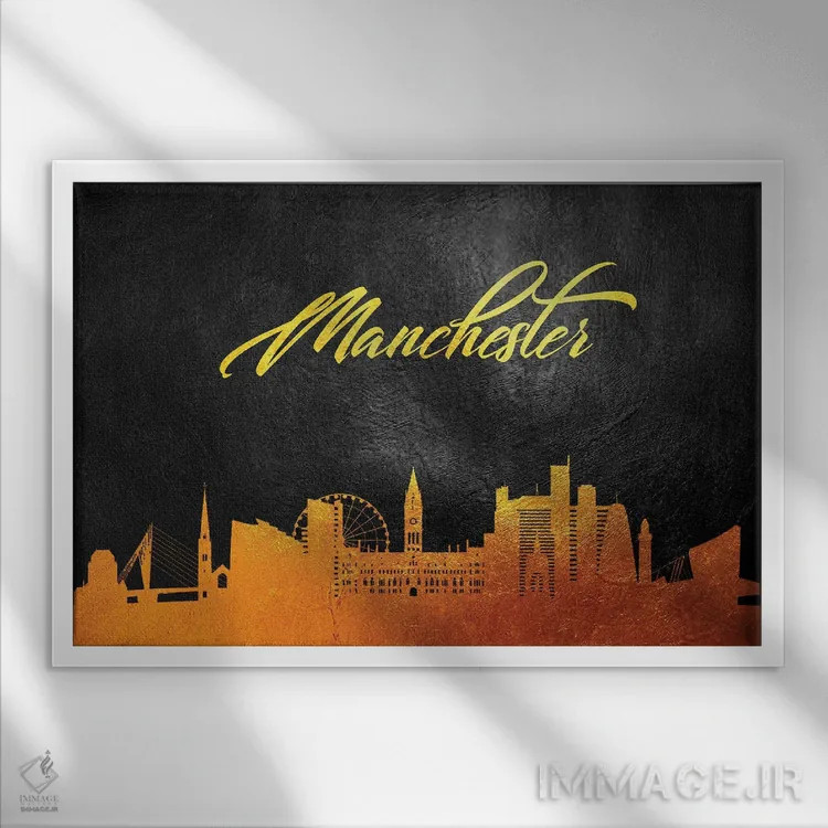 تابلو خط افق طلایی منچستر انگلستان اثر آدریان بالدُوینو - نمای قابدار سفید